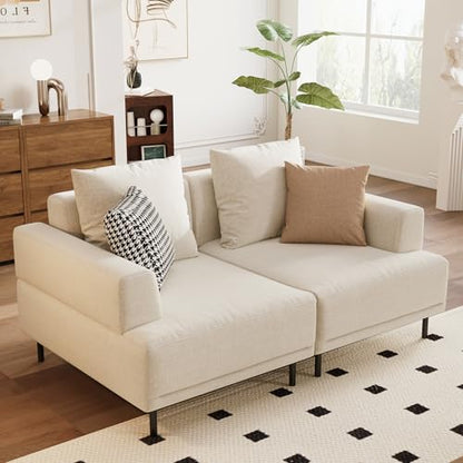Upholstered Fabric 2-Seater Sofa Couch with Low Back, Beige | 66.1" Mid-Century Modern Loveseat with Wide Armrest, Metal Legs & Breathable Cushion, Suitable for Living Room, Bedroom - size: 66.1inch-2Seats