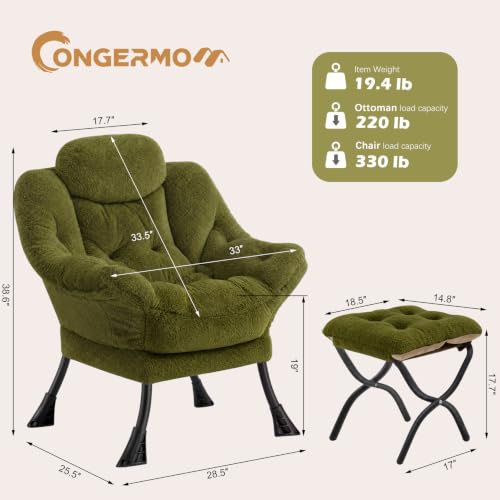 Lazy Chair with Folding Ottoman,Leisure Sofa Chair,Soft Fabric Armchair with Armrests and Side Pockets, Reading Chair with Footrest for Living Room, Bedroom, Office (Plush Green) - color: Plush Green