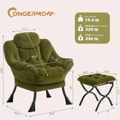 Lazy Chair with Folding Ottoman,Leisure Sofa Chair,Soft Fabric Armchair with Armrests and Side Pockets, Reading Chair with Footrest for Living Room, Bedroom, Office (Plush Green) - color: Plush Green