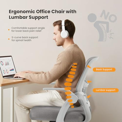 Sweetcrispy Computer Desk Chair, Home Office Chair, Lumbar Support | Flip Up Armrest, Adjustable Height, 360° Swivel Wheels, Ergonomic Mesh Mid-Back, Comfy Arms Bedroom Study - color: Grey, size: 23.22 Inch
