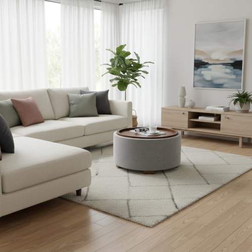 Zihanhome 30 Inch Round Storage Ottoman, Ottoman Coffee Table with Lift Off Lid, Boucle Modern Ottomans with Storage for Living Room, Bedroom, Apartments (Light Grey) - color: Light Grey