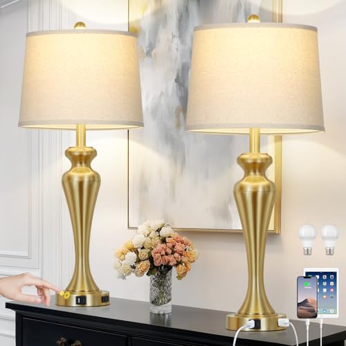 CINSARY 30" Tall Gold Table Lamps Set of 2 for Living Room, Touch Control Bedside Lamps for Nightstand, 3-Way Dimmable Bedroom Lamp with USB A+C Ports and AC Outlet, Metal Brass Table Lamp - color: Gold (2 Pack)