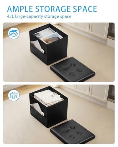 Ottoman with Storage,17 Inch Leather Folding Foot Rest Stool,Black | Small Ottoman with Side Pockets, Thicker Foam Padded Seat, 17 * 13 * 13 Inch, Livingroom, Dorm, Bedroom, Entryway - color: Black