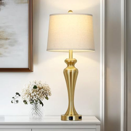 CINSARY 30 Inch Tall Gold Table Lamp Single for Living Room, Touch Control Bedside Lamp for Nightstand, 3-Way Dimmable Bedroom Lamps with USB A+C Ports and AC Outlet, Metal Brass Table Lamps - color: Gold (1 Pack)