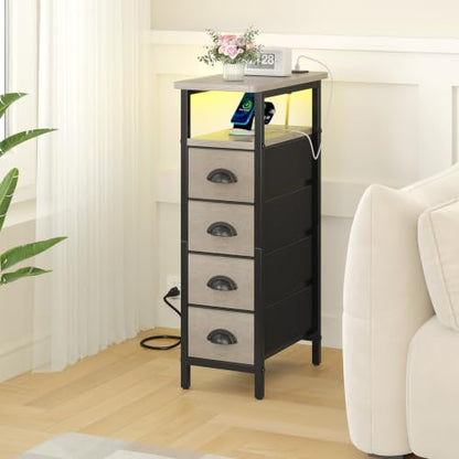 sthmec Nightstand Set 2 with Charging Station, Narrow End Table Set of 2 with 4 Drawers, LED Side Table with Fabric Drawers,Slim Sofa Couch Tables for Small Spaces,Living Room,Bedroom, Grey - color: Grey, style: Power & LED