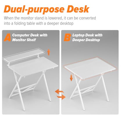 WOHOMO Folding Computer Desk with Monitor Stand, Adjustable Height, White | Foldable Table Small Office Desk for Bedroom, Space Saving Desk for Home Office, Easy Assembly - color: White