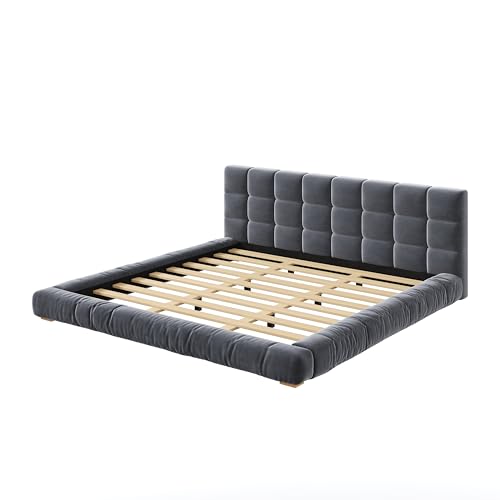 Upholstered Velvet Platform Bed Frame with Channel Tufted Headboard, Modern Low Profile Bed with Sturdy Slat Support, No Box Spring Needed (Gray) - color: Grey