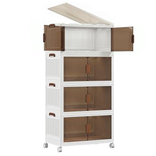 344QT Stackable Storage Bins With Lids, Collapsible Plastic Storage Bins with Wheels and Doors, Foldable Plastic Cabinets for Bedroom Dorm Garage - color: 70 CM, size: 4 Pack
