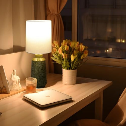 17.75" Green Ceramic Lamps Set of 2 with Leaves Design, Small Table Lamps | Green Table Lamps, Leaf-Patterns Ceramic Lamp, Retro Small Lamp for Living Room, Bedroom, Green Lamps for Nightstand Set of 2