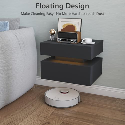 Floating Nightstand Set of 2,Modern Bedside Tables with LED Light for Bedroom,Small Night Stands with Drawers, Wall Mounted End SideTables Set for Living Room - color: Black