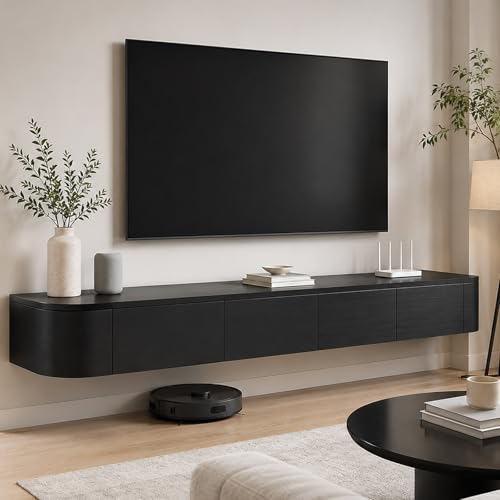 Floating TV Stand Wall Mounted Entertainment Center Modern Media Console Cabinet with Hidden Storage, 2 Drawers, Cable Holes and Rounded Corners for Living Room Bedroom(Black,L47.24IN) - color: Black, size: L47.24IN
