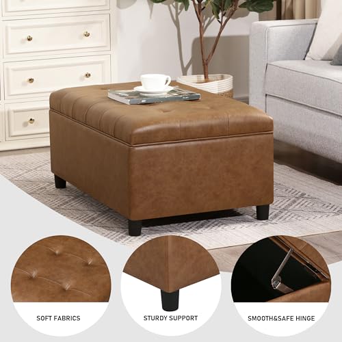 Rectangular Lift Top Storage Ottoman Bench, Faux Leather Storage Bench for Living Room Entryway Bedroom, Ochre Yellow - color: Ochre Yellow