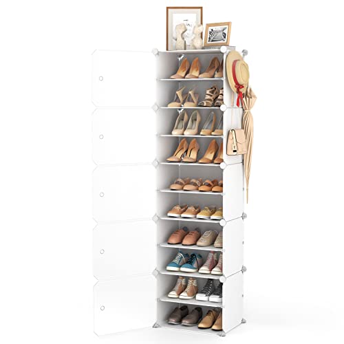 LANTEFUL 10 Tier Shoe Storage Cabinet with Door, Portable Narrow Organizer Rack for 20 Pairs, White Plastic with Hooks for Entryway or Bedroom - size: 20 Pair