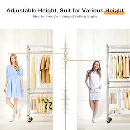 M MZG Heavy Duty Rolling Garment Rack 3 Tiers Adjustable Wire Shelving Clothes Rack with 2 Rods and Side Hooks,Storage Closet Clothing Rack with Wheels Chrome 15.7" D x 29.5" W x 74.5" H - color: Chrome, size: 3 Tier with 2 rod, 15.7"D x 29.5"W x 74.5"H