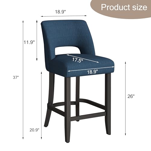VKNOW Bar Stools Set of 4, 26" Upholstered Counter Height Bar Stools | Modern Counter Stools with Black Rubberwood Legs for Kitchen Island Dining Room Bar, Blue-Black Legs - color: Blue-black Legs, size: Set of 4