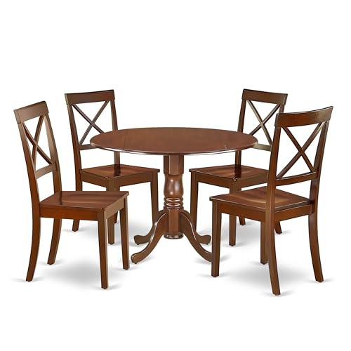 East West Furniture DLBO5-MAH-W 5 Piece Dining Room Table Set Includes a Round Dining Table with Dropleaf and 4 Wood Seat Chairs, 42x42 Inch, Mahogany - color: Mahogany, size: Table + 4 Chairs