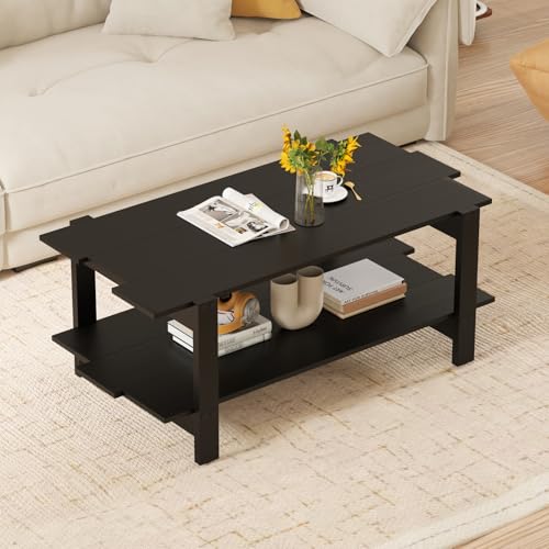 Giantex Coffee Table with Storage, 45 Inch Modern Center Table with Slatted Design & Side Rail Support, Rectangular Living Room Table for Small Spaces, Black - color: Black
