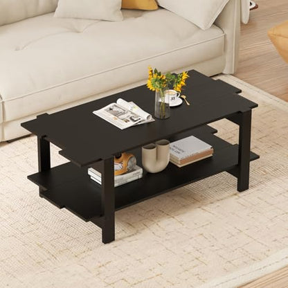 Giantex Coffee Table with Storage, 45 Inch Modern Center Table with Slatted Design & Side Rail Support, Rectangular Living Room Table for Small Spaces, Black - color: Black