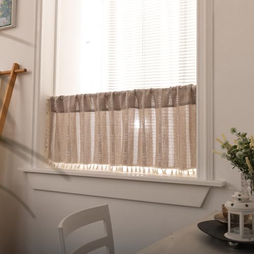 Deeprove Taupe Boho Valance Tassels Linen Kitchen Short Embroidered Curtain. Farmhouse French Cottage Rustic Small Window Treatment for Cafe Closet Laundry Dining Restaurant 1 Panel W52 x L18 - color: Taupe, size: 52"W x 18"L (Pack of 1)