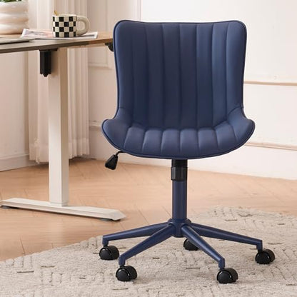 YOUNIKE Office Desk Chair with Wheels Armless Vanity Chair Modern Navy Blue | Faux Leather Upholstered with Rocking Back, Swivel Height Adjustable, Small Cute Computer Rolling Task Chair Ergonomic - color: All Navy Blue, size: Base Same Color