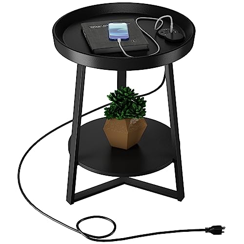 Round End Table with Charging Station, USB Ports and Anti-Drop Fence, Wood Tabletop & Black Metal Frame, 2-Tier Side Table for Living Room, Bedroom, Black 15.7 * 15.7 * 23.0 inches - color: Black, size: 15.75"D x 15.75"W x 23"H (with Charging Station)