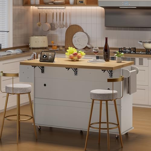 60" Kitchen Island with Power Outlet & Drop Leaf, Rolling Island with Spice Rack & Towel Rack, Kitchen Island Cart with Trash Storage Cabinet, Island Table for Kitchen, White - color: White