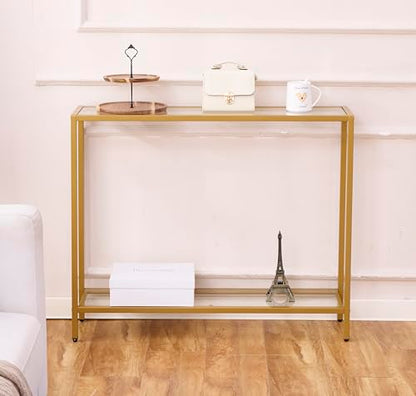 Small Modern Console Table for Entryway, Tempered Glass with Metal Frame Sofa Table for Living Room, Hallway, Office (Double-Layer, Gold) - color: Gold, style: Double-layer