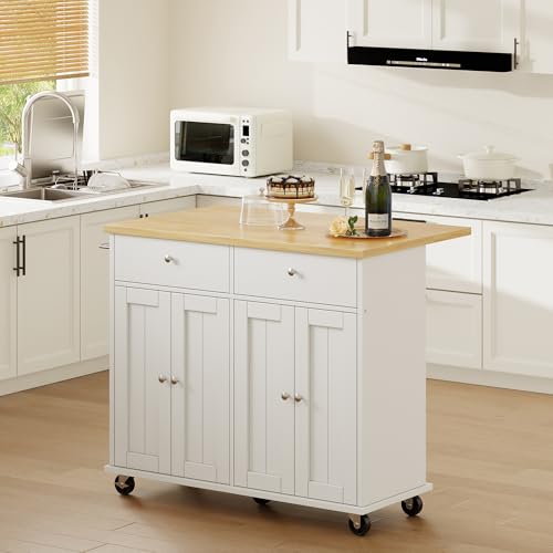 Shintenchi Kitchen Island with Drop Leaf, Rolling Kitchen Cart with Storage on Wheels, Table Bar Cart for Kitchen with Towel Rack & Seating Area for Dining Room, White - color: White