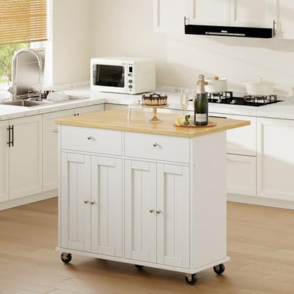 Shintenchi Kitchen Island with Drop Leaf, Rolling Kitchen Cart with Storage on Wheels, Table Bar Cart for Kitchen with Towel Rack & Seating Area for Dining Room, White - color: White