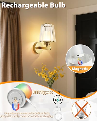 Adetu 10.4 Inch Crystal Wall Sconces Set of 2, Battery Operated Wall Sconce | 10000mAh Magnetic Bulbs and Remote, 5%-100% Dimmable, RGB Rechargeable Wall Lights for Bedroom Living Room Hallway Deco - color: Gold, size: 10.4 Inch