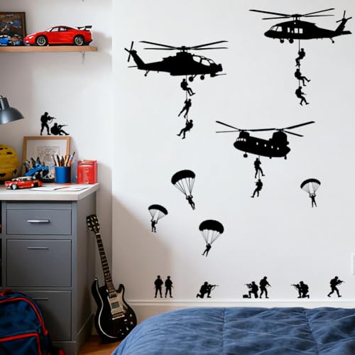 Helicopter and Parachute Wall Decals, Wall Stickers Decor | 2 Sheets 11.8"x37.8" Vinyl Removable Peel and Stick Murals, Plant Decor for Bedroom, Bathroom, Office, Classroom & Home - style: Helicopter and Parachute