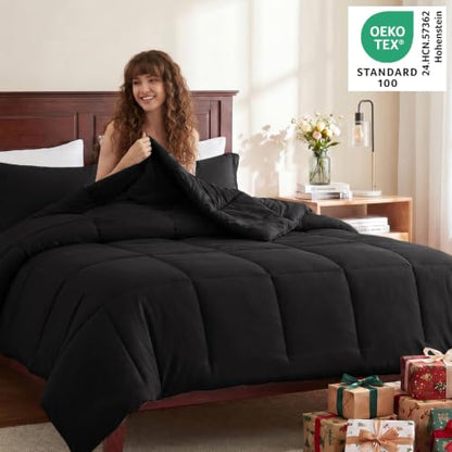 Super King Plus Comforter Set, 3-Piece Box-Stitched, Black | 128 x 120 in Maximum Coverage in the Collection, 270 GSM Fill, 90 GSM Brushed Microfiber Shell, OEKO-TEX Certified - color: Black, size: Super King Plus(128"x120")