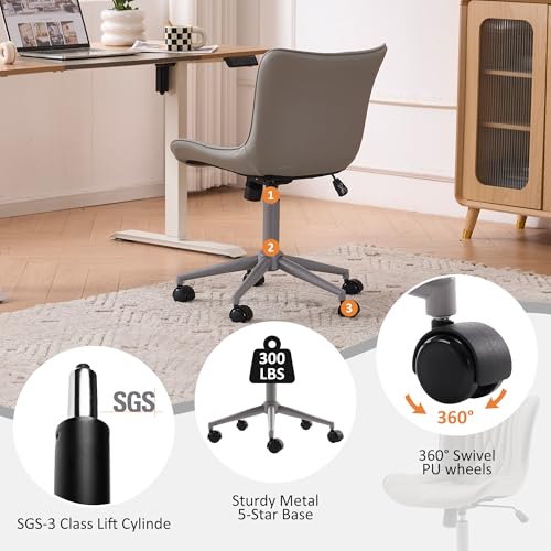 YOUTASTE Grey Armless Office Chair, Modern Adjustable Swivel Desk Chair with Wheels, Upholstered PU Leather, Gray Metal Legs, Back Support for Home Office, Study, Vanity, Bedroom - color: All Grey