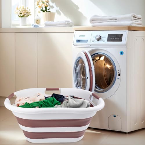 SAMMART 40L (10.5 gallon) Collapsible Plastic Laundry Basket - Foldable Pop Up Storage Container/Organizer - Portable Washing Tub - Space Saving Hamper/Basket (1, White/Dusky Pink) - color: White/Dusky Pink