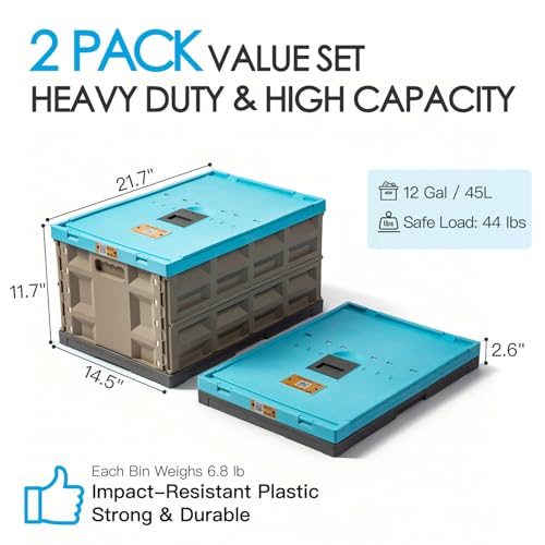 Heavy Duty Collapsible Storage Bins, Attached Lids, 12 Gal, 2 Pack | 400 LBS Stacking Strength, Secure Slide Lock, Durable PP Plastic, For Garage / RV / Car Trunk / Moving - color: Blue - 45L - Pack of 2