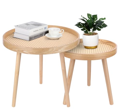 Round Coffee Table Set of 2, Natural Boho Coffee Tables, Small Mid Century Modern Rattan Coffee Table, Boho Side Table End Tables for Living Room Bedroom Office - color: Natural Walnut - Set