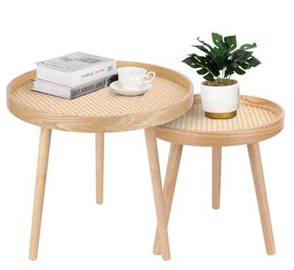 Round Coffee Table Set of 2, Natural Boho Coffee Tables, Small Mid Century Modern Rattan Coffee Table, Boho Side Table End Tables for Living Room Bedroom Office - color: Natural Walnut - Set