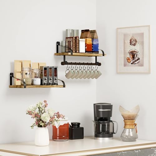 Love-KANKEI 17.3"Floating Wall Shelves Set of 2,Solid Wood,Carbonized Black | Coffee Bar,Spice Rack,Towel Bar/8 Hooks,39 Lbs/shelf,Easy to Install,For Kitchen,Bathroom,Living Room,Bedroom,Office,Entryway - color: Carbonized Black