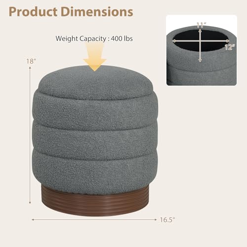 Giantex Round Ottoman with Storage, 360° Swivel Boucle Vanity Stool with Removable Lid, No Assembly Ottoman Foot Rest for Living Room, Bedroom, Makeup Room (Gray & Brown)
