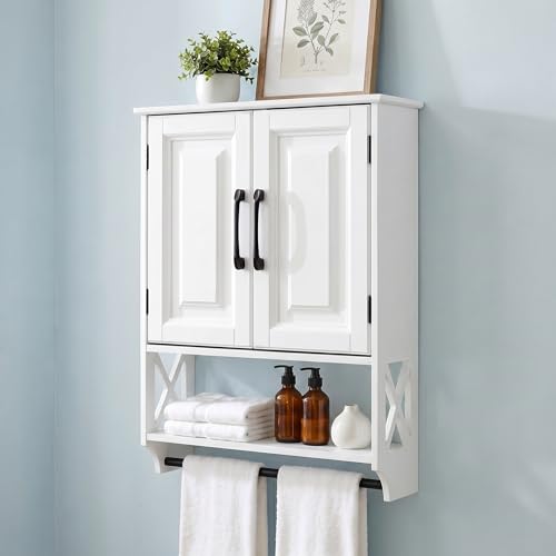 Bathroom Wall Cabinet, 25"x19" Farmhouse Wall Mounted Medicine Cabinet with 2 Raised Panel Doors, Adjustable Shelf & Towel Bar–Over Toilet Storage Organizer for Laundry Room, Entryway or Small Spaces - size: 7.09"D x 25"W x 19.29"H