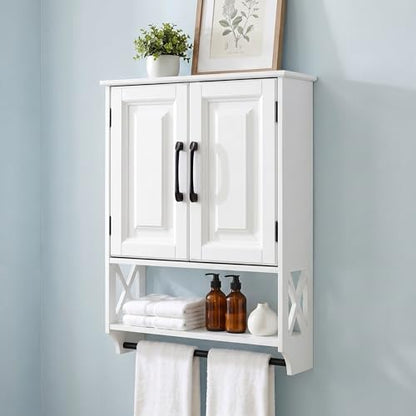 Bathroom Wall Cabinet, 25"x19" Farmhouse Wall Mounted Medicine Cabinet with 2 Raised Panel Doors, Adjustable Shelf & Towel Bar–Over Toilet Storage Organizer for Laundry Room, Entryway or Small Spaces - size: 7.09"D x 25"W x 19.29"H