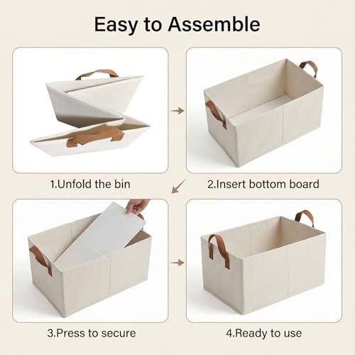 3 Pack Storage Bins Fabric Collapsible Organizers with Handles Sturdy Canvas with PP Board Beige Foldable Storage Box for Closet Shelves, Books, Toys, Clothes, Office Organization