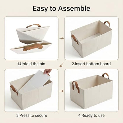 3 Pack Storage Bins Fabric Collapsible Organizers with Handles Sturdy Canvas with PP Board Beige Foldable Storage Box for Closet Shelves, Books, Toys, Clothes, Office Organization