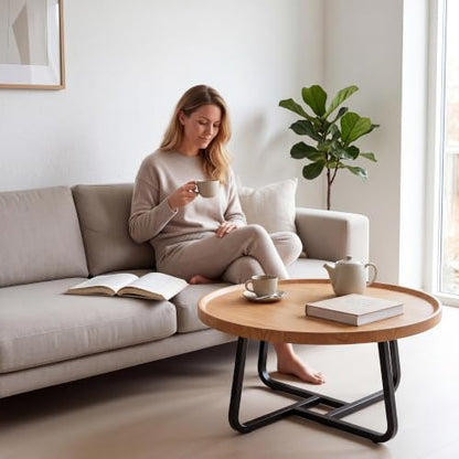 Garvee 19.7 in Round Coffee Table with Wood Surface Top & Sturdy Metal Leg | Small Wood Center Table, Easy-Clean & Waterproof, Raised Edge Side Table Compact for Apartment, Living Room, Balconies - color: Wood