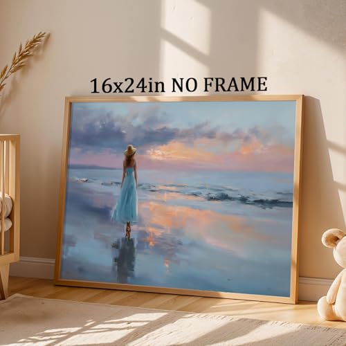 Blue Coastal Cowgirl Wall Art Ocean Sunset Painting Trendy Beach Pictures Vintage Summer Poster Coastal Girl Prints Ocean Wave Painting Sunrise or Sunset Artwork Retro Beach Pictures 24x16in Frameless - color: H2Unframed