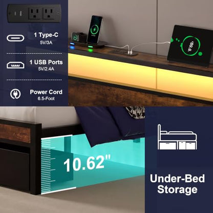 Twin Bed Frame with 2 Drawers and Storage Headboard, Metal Platform with LED Lights and Charging Station, No Box Spring Needed, Noise Free, Easy Assembly