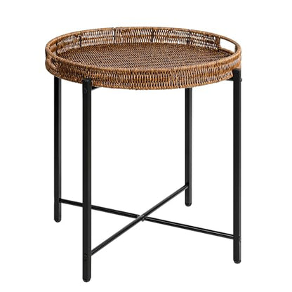 DINGTAI Brown Small Round End Table, 19in Rattan End Tables, Wicker Rattan Side Table, Round Sofa Side Table, Indoor Outdoor Side Tables for Patio, Living Room Bedroom Office