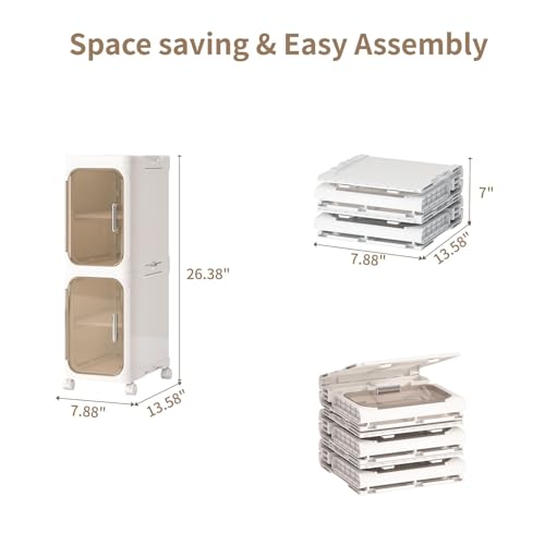 2 Tier Slim Bathroom Storage Cabinet, Foldable and Movable, Beige | Tools Free, ABS and PET, Magnetic Clear Door, Adjustable Shelves, Lockable Wheels, Water Resistant, For Narrow Space - color: Beige, size: 2 Tiers