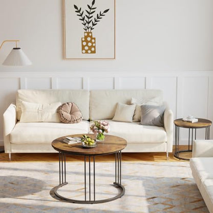 Nesting Coffee Table, 23.6" Round Coffee Table Set of 2, Wooden Nesting Table with Metal Frame, Ceter Tables for Living Room Bedroom Balcony, Rustic Brown - color: Rustic Brown
