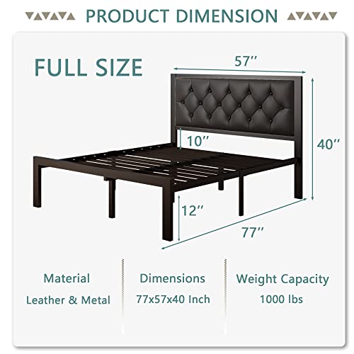 Feonase Full Size Metal Bed Frame with Faux Leather Button Tufted Headboard, Heavy-Duty Platform Bed Frame with 12" Storage, Steel Slats Support, No Box Spring Needed, Noise Free, Black - color: Black, size: Full